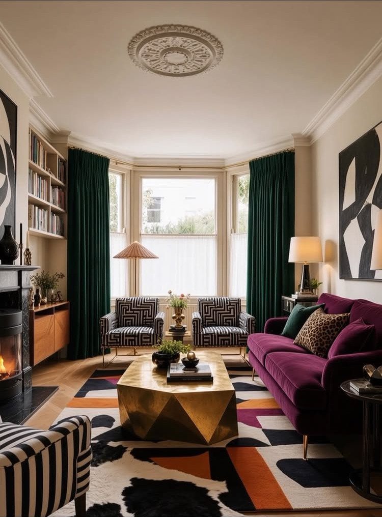 Colorful geometric rug in a living room with a purple sofa and gold table.