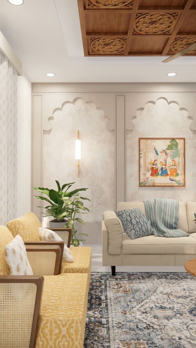 Living room with yellow cane chairs, beige sofa, and carved wooden ceiling panels.