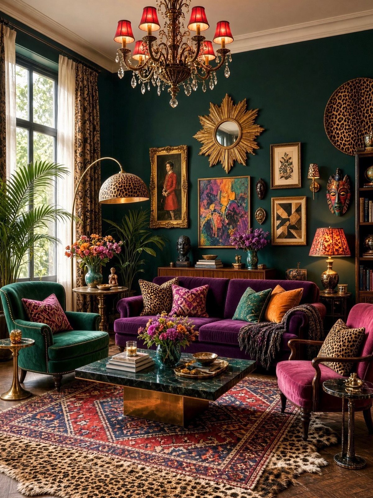 Maximalist living room with deep teal walls, purple velvet sofa, and ornate gold decor.