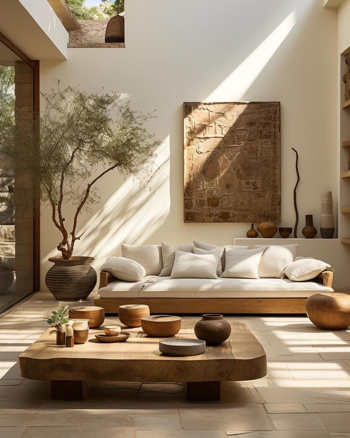Low white sofa and raw wood coffee table in a sunlit organic living room