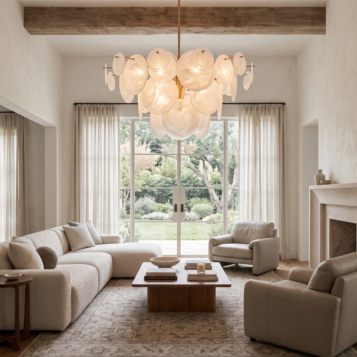 Large white sculptural chandelier hanging over a neutral modern living room setup.