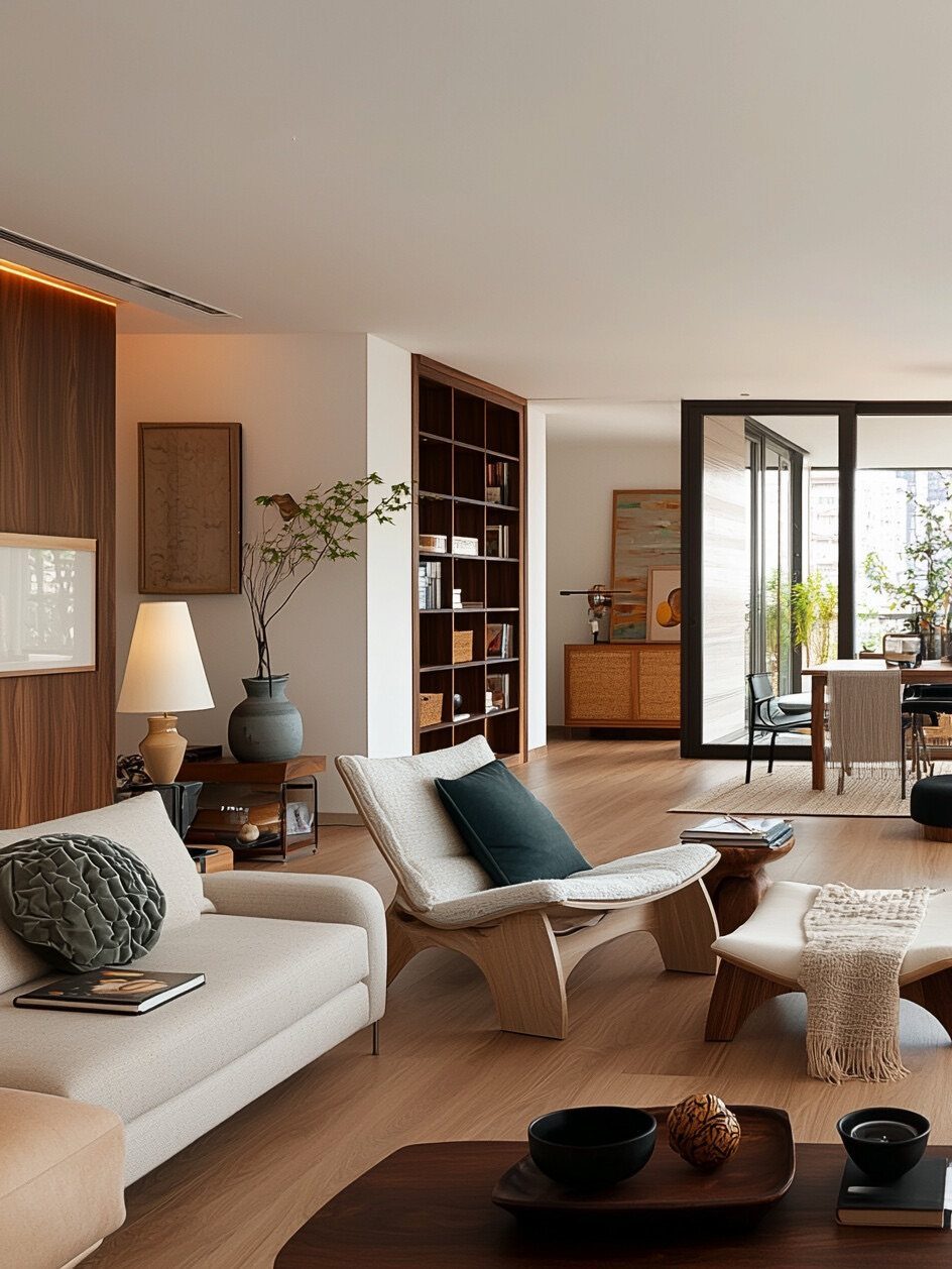 Modern living room with white sofa, curved wooden lounge chair, and built-in bookshelves.