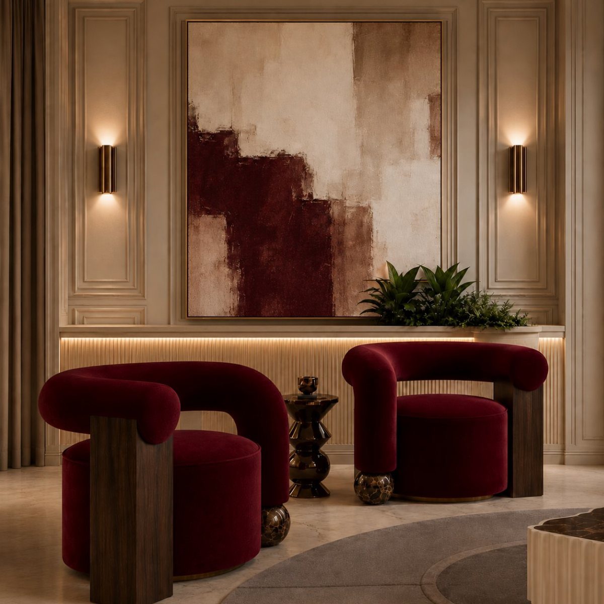Two sculptural red velvet accent chairs in a luxurious living room with abstract art.