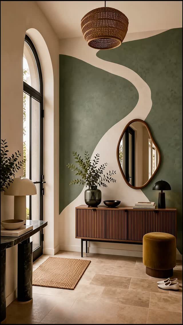 Abstract green and white mural wall in a modern living room with wooden furniture.