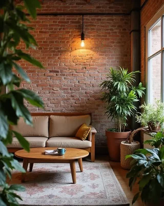 Red exposed brick wall in a living room with a tan sofa and plants