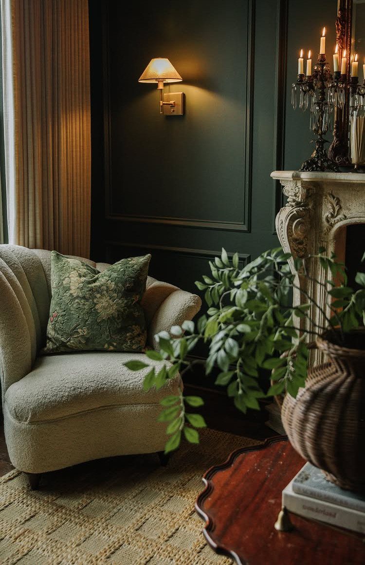Dark green accent wall with molding, cream armchair, and ornate white fireplace.