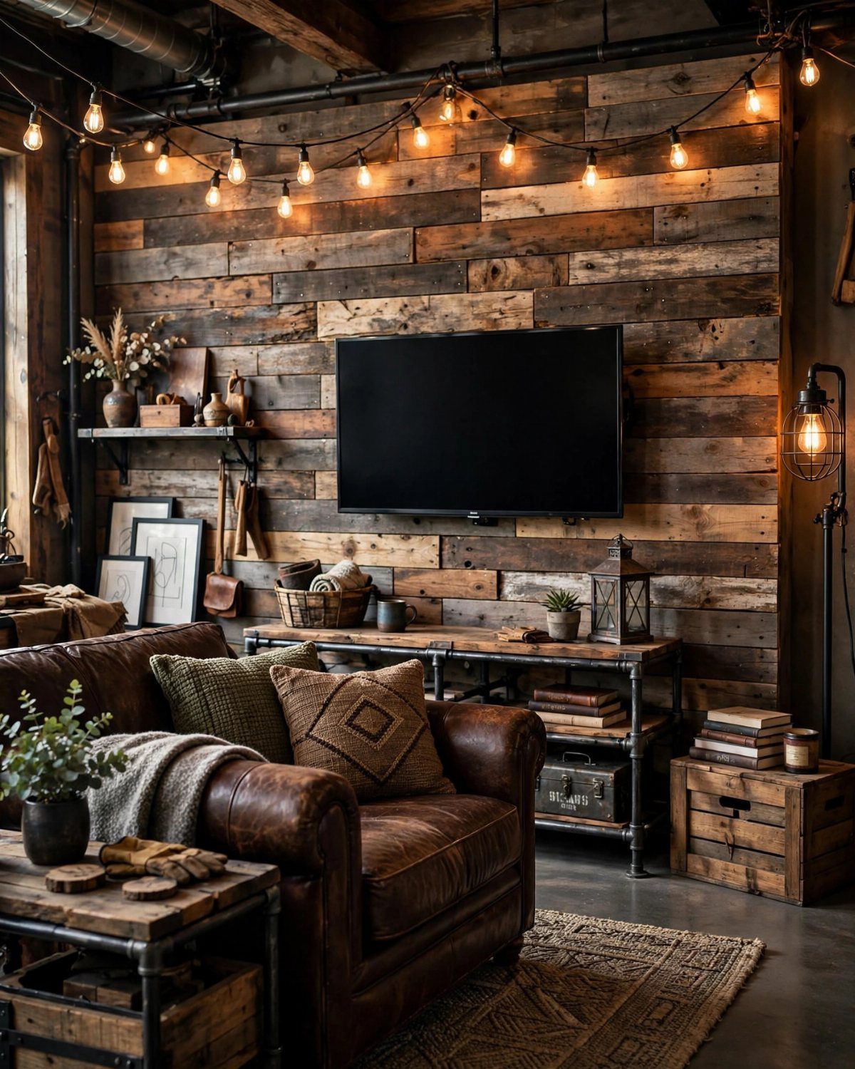 Reclaimed wood accent wall in a rustic living room with leather sofa and lighting