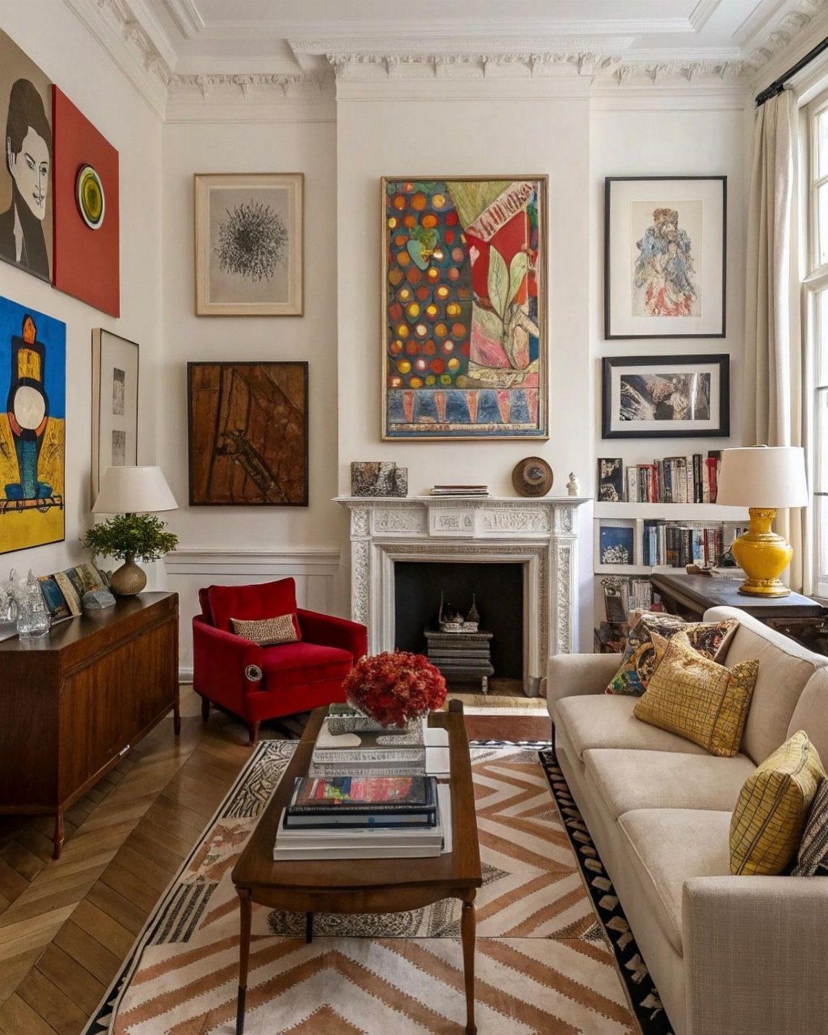 Colorful framed artwork decorating the white walls of a bright, eclectic living room.