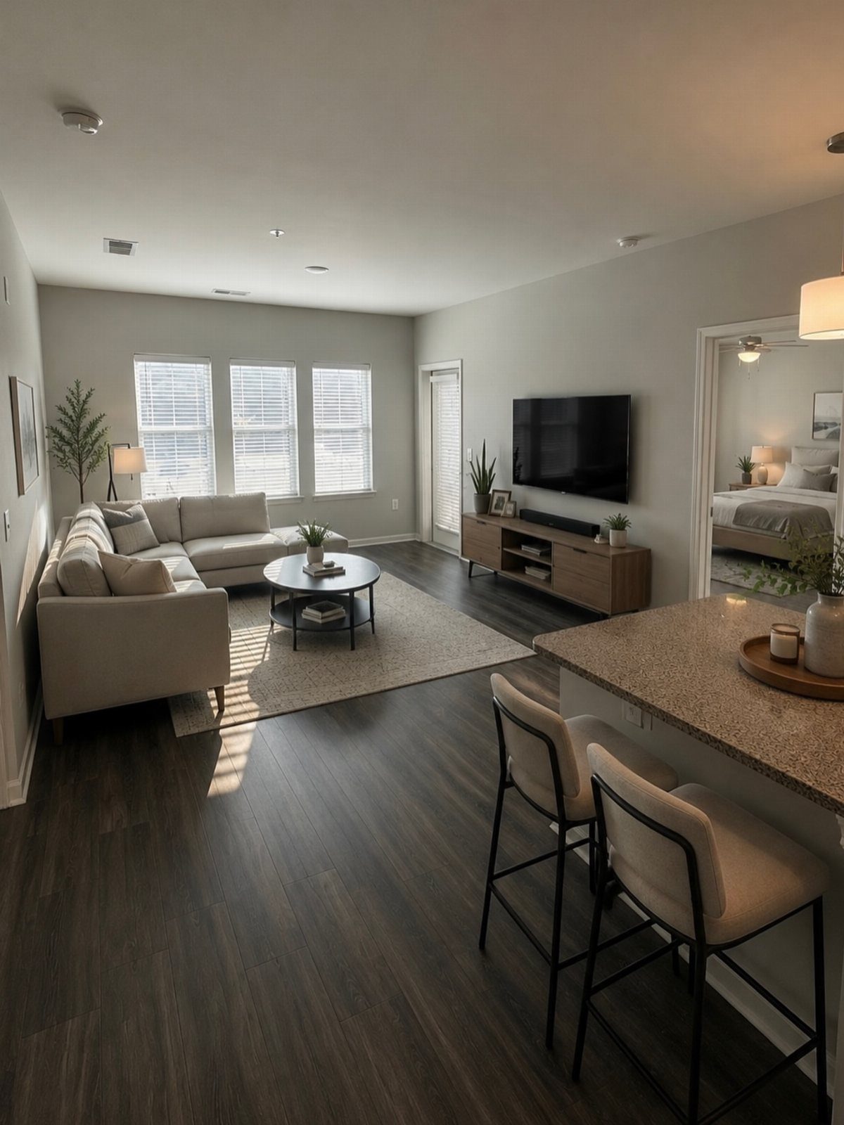 Modern living room with beige sectional sofa, round coffee table, and dark wood flooring.
