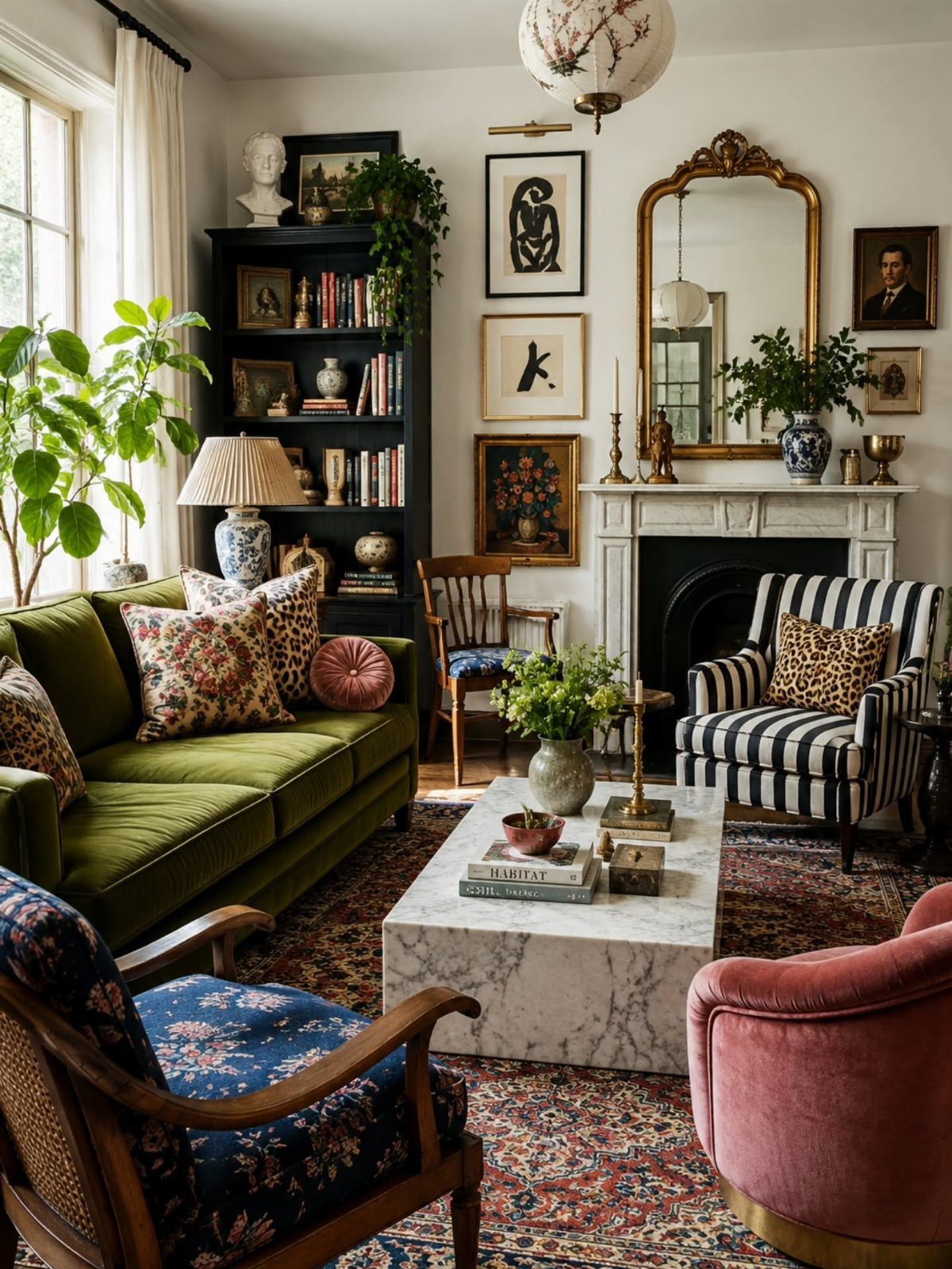 Eclectic living room with mixed patterned furniture, a green sofa, and a marble table.