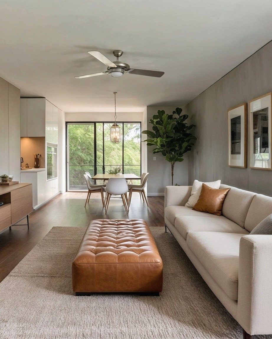 Tan leather tufted ottoman coffee table in a modern living room with cream sofa.