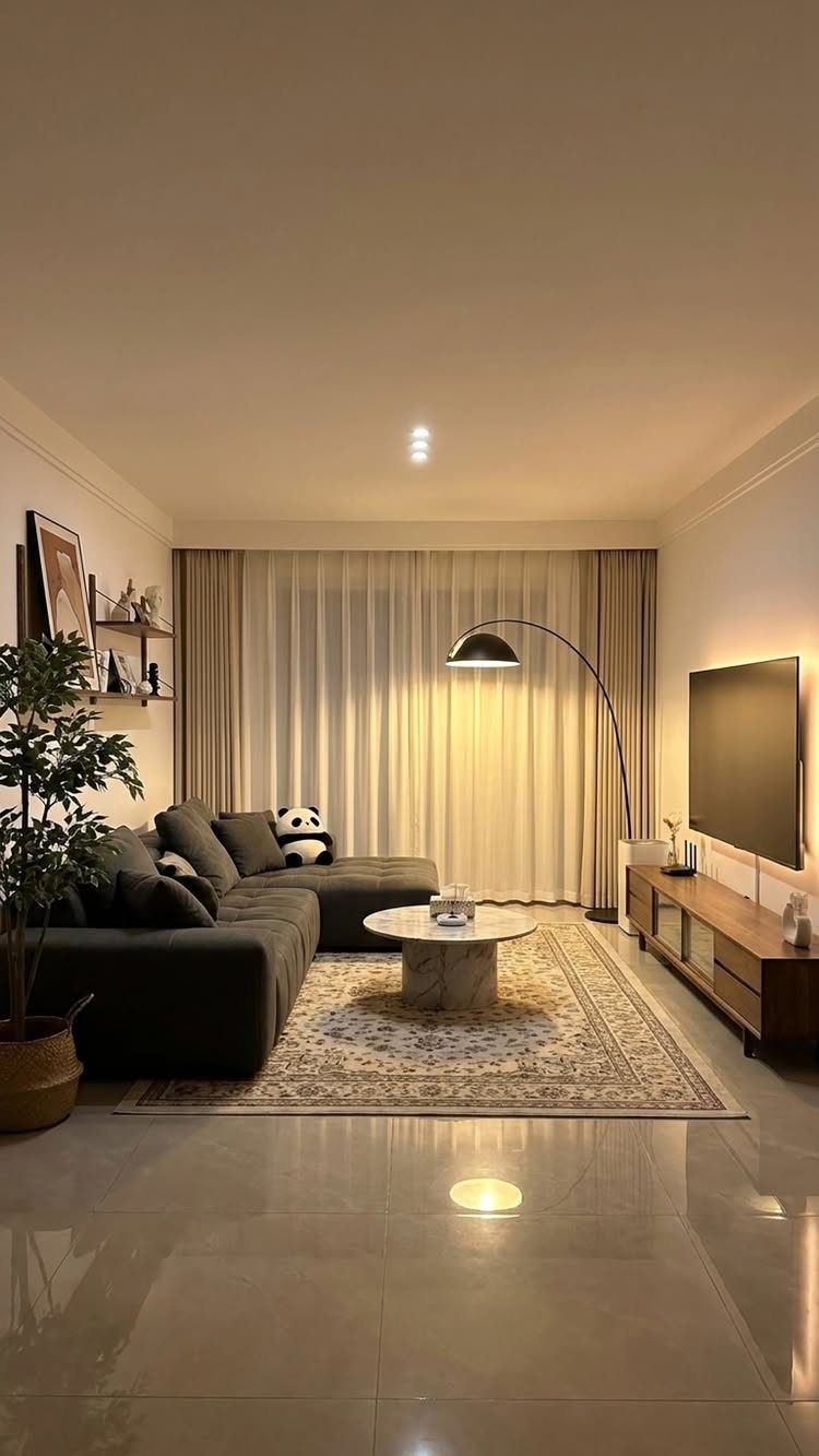 Modern living room with a dark grey sectional, marble table, and patterned rug.