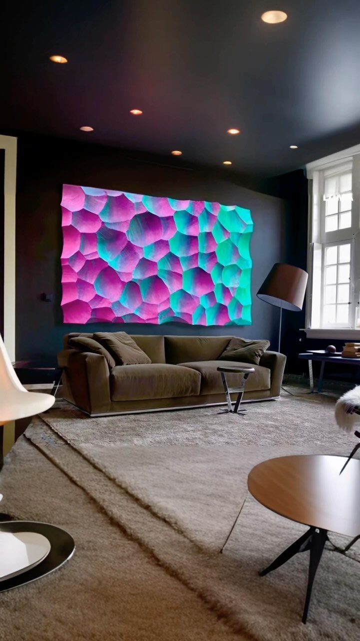 Colorful 3D geometric wall sculpture hanging above a brown sofa in a modern room.