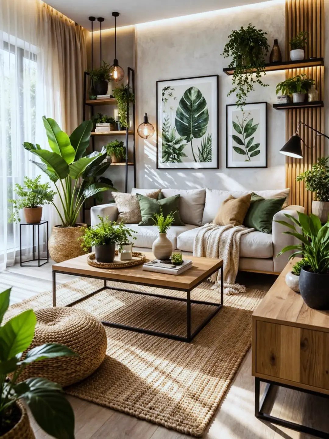 Two framed botanical leaf prints hanging on a wall above a white couch.