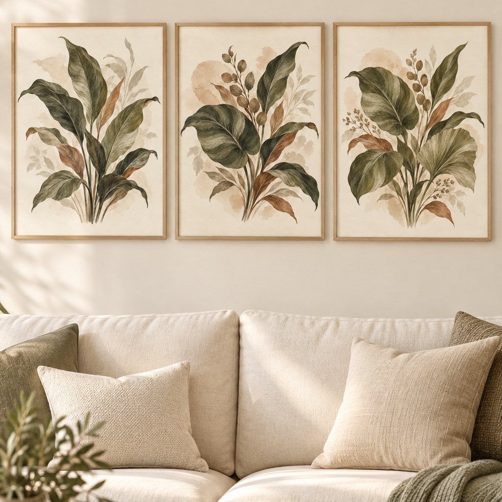 Three botanical leaf prints in wooden frames hanging above a beige sofa.
