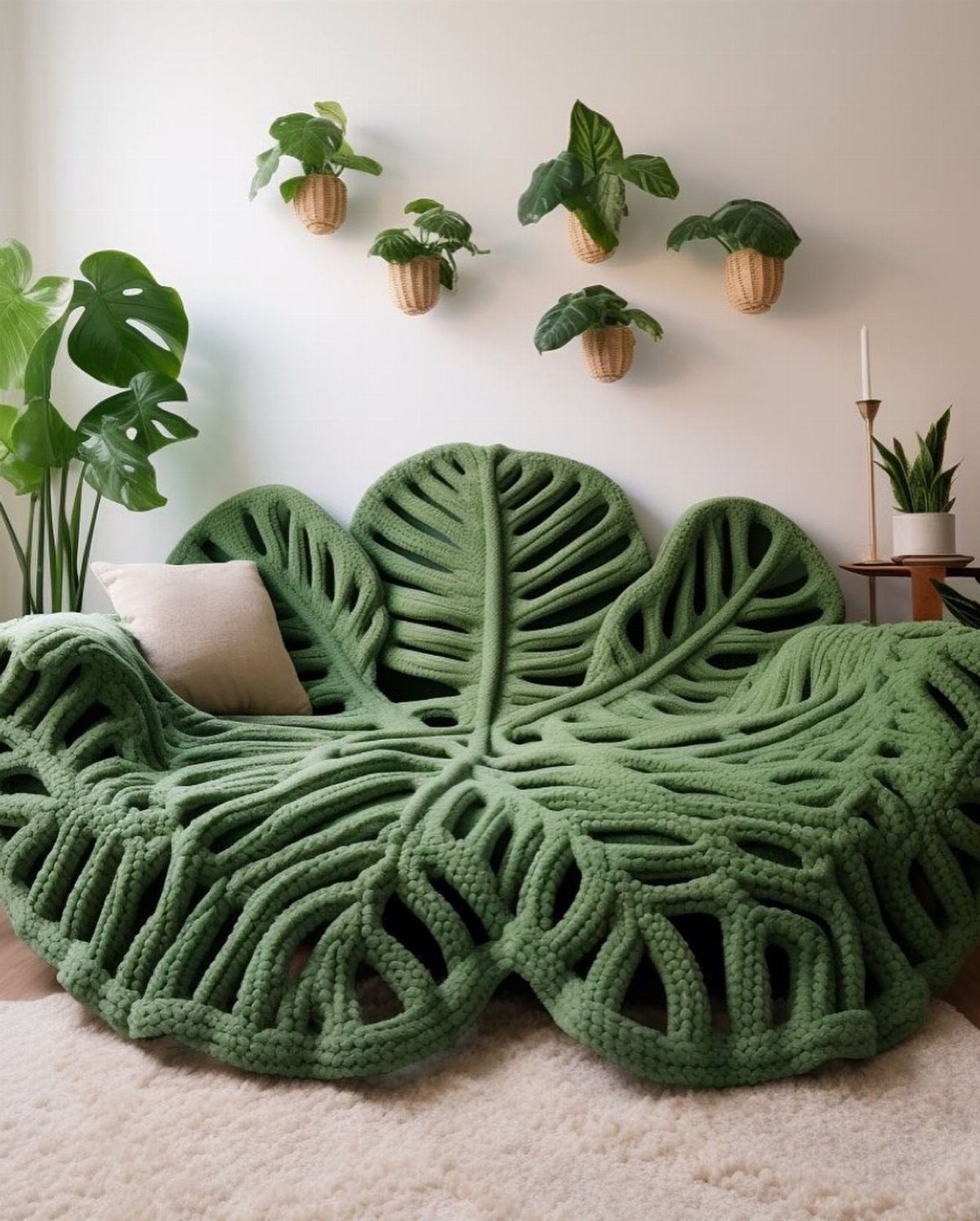 Leaf-shaped green crocheted sofa with small potted plants mounted on the white wall behind.