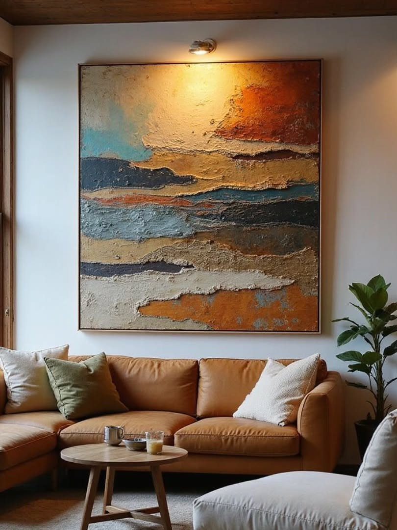 Large textured abstract painting in earthy tones hanging above a tan leather sofa.