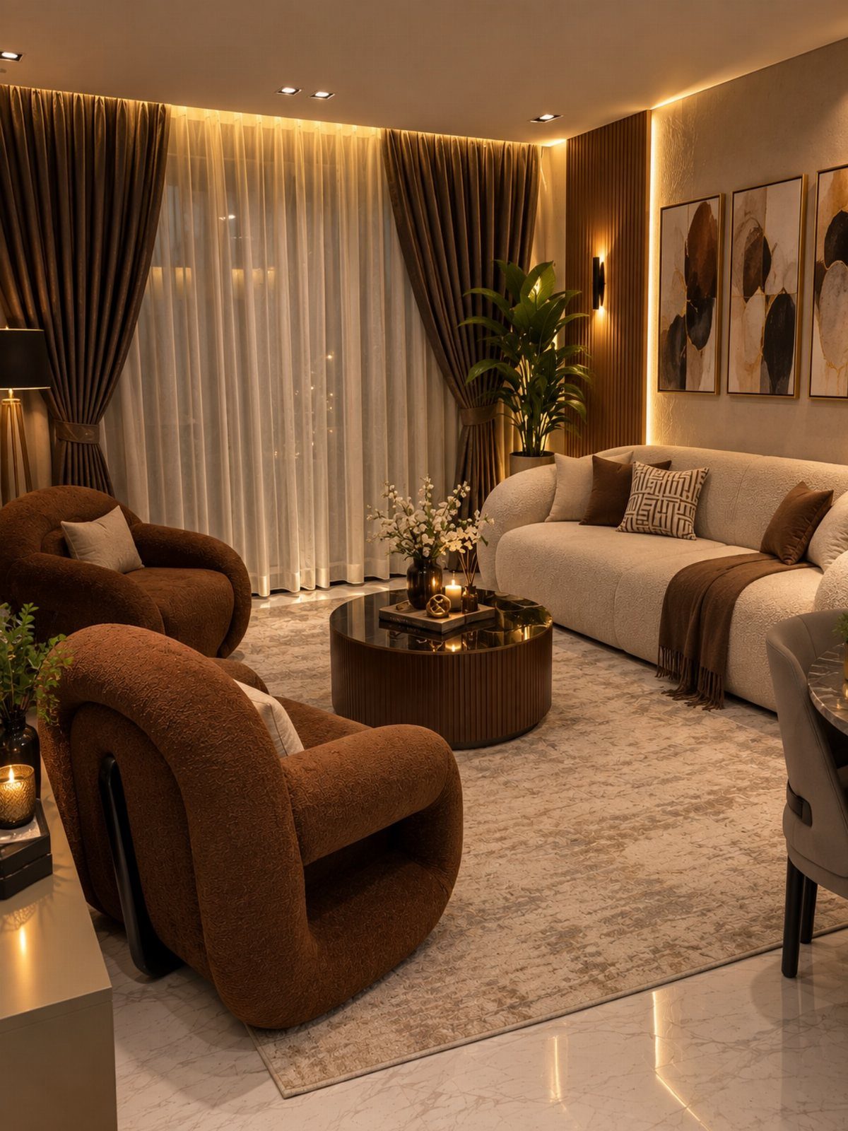 Beige sofa and brown textured armchairs in a warm modern living room