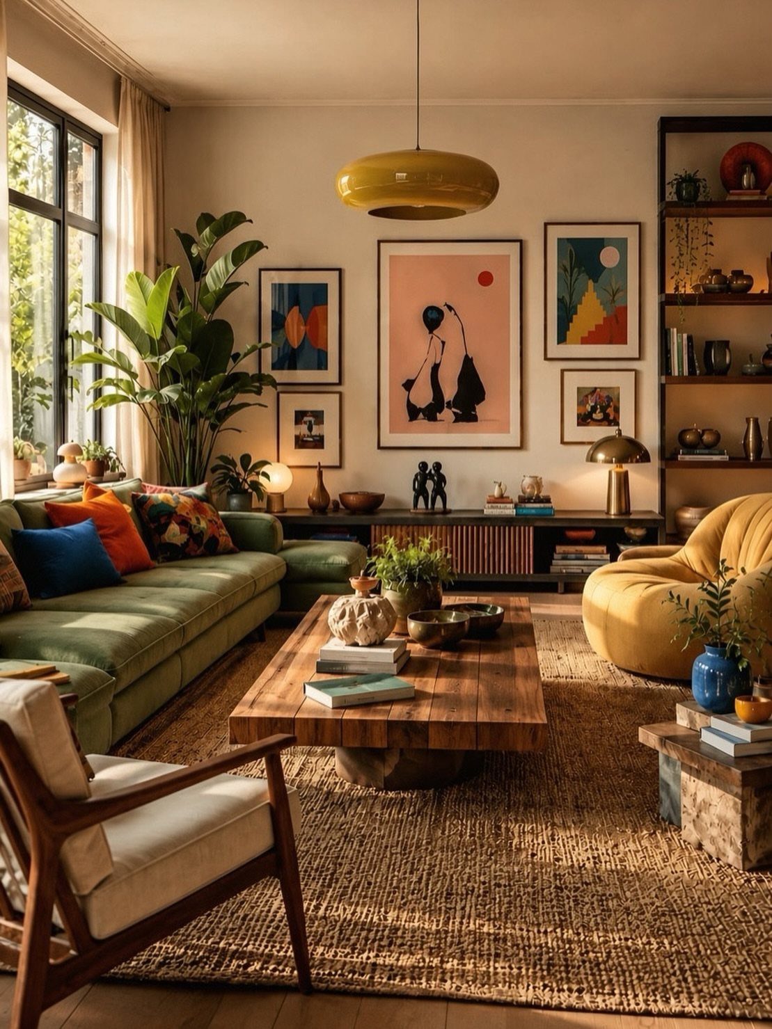 Mid-century modern boho living room with green sofa, yellow chair, and wooden furniture.