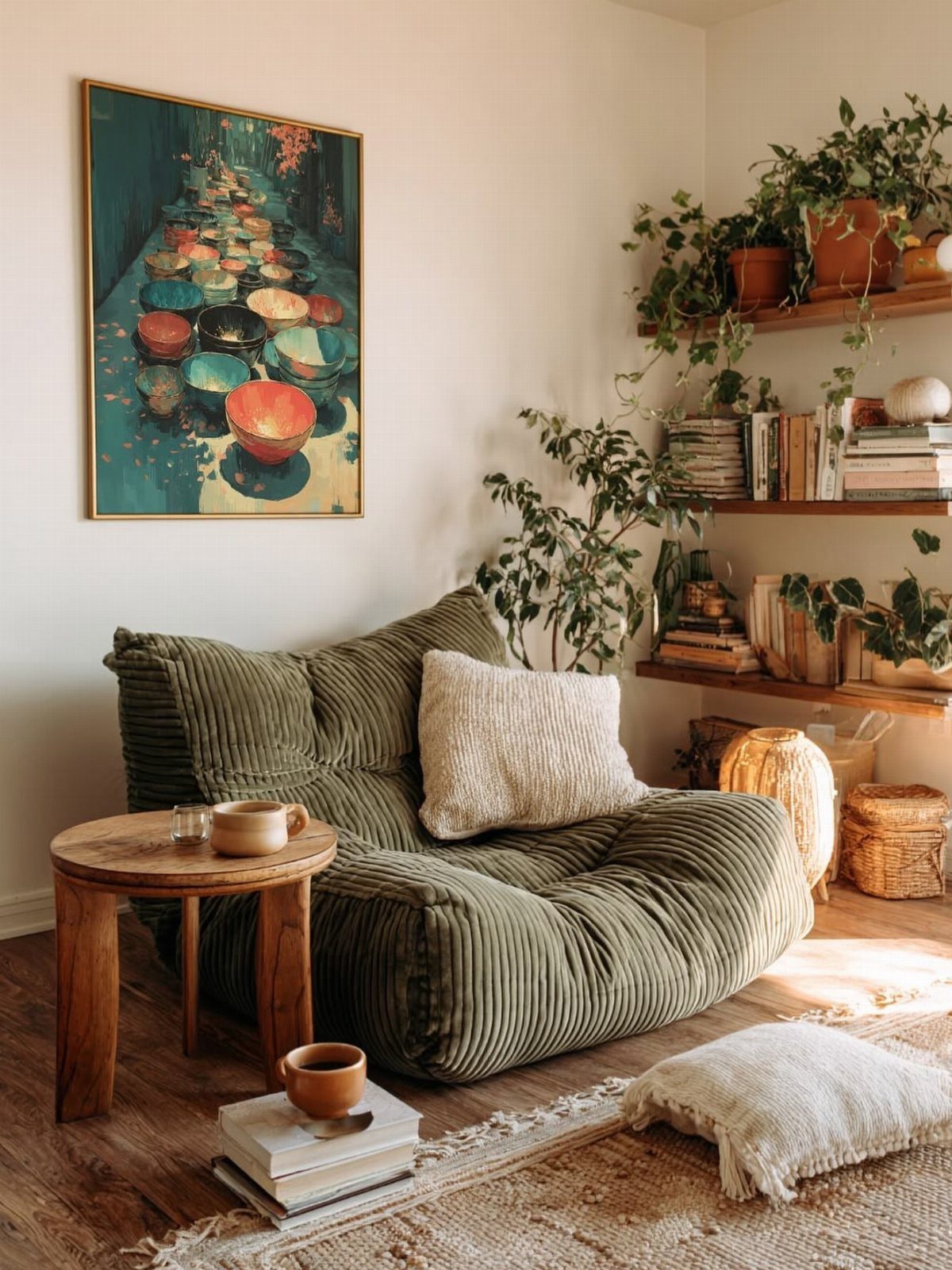 Olive green corduroy floor chair next to wooden shelves with books and plants.