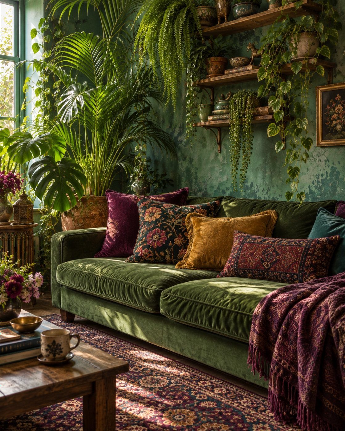 Green velvet sofa with ethnic patterned pillows and a detailed oriental area rug.