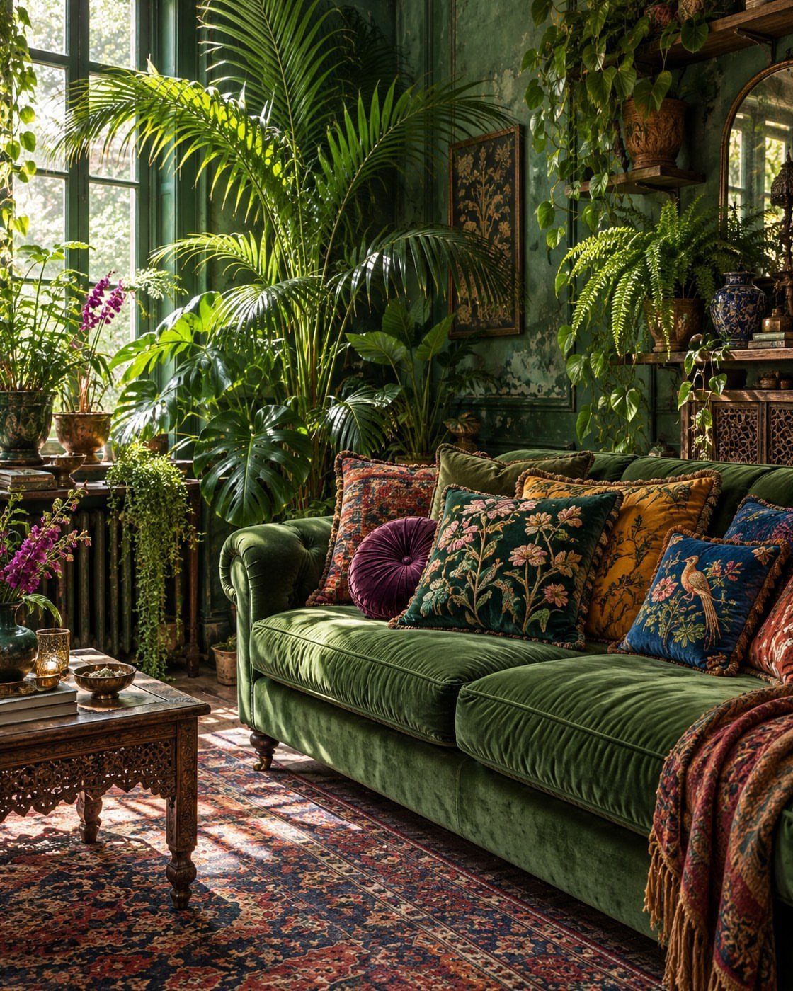 Green velvet sofa with colorful pillows in a room filled with tropical plants.
