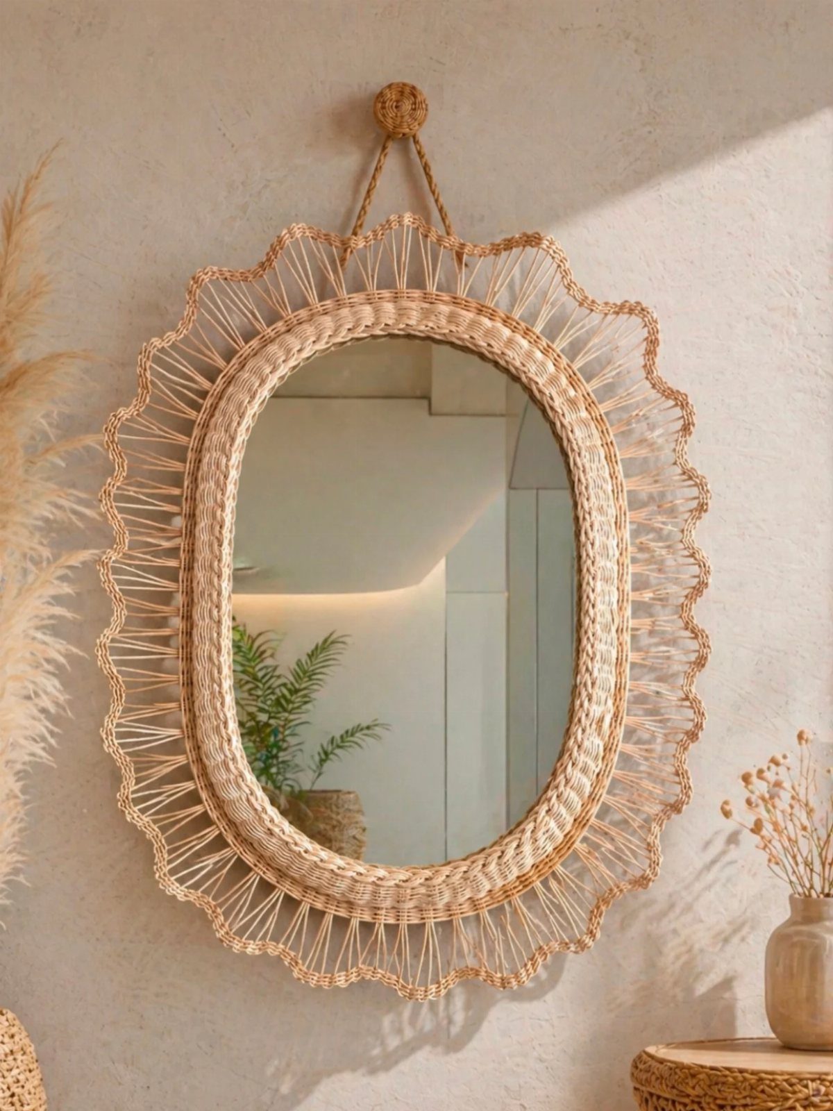 Oval mirror with a woven rattan frame hanging on a neutral textured wall.