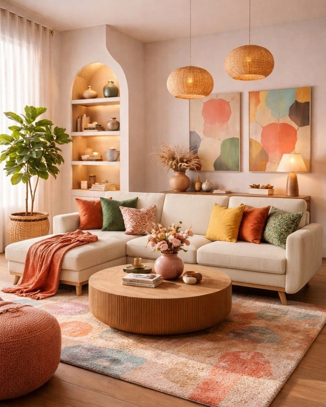 Cream sectional sofa with colorful accent pillows in a neutral boho living room.