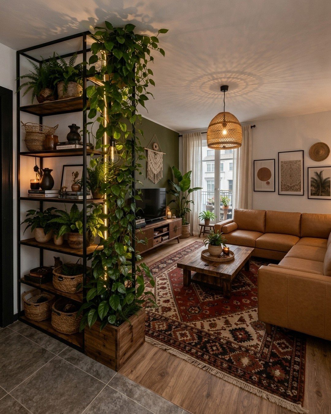 Open shelving unit with plants and baskets in a boho chic living room.