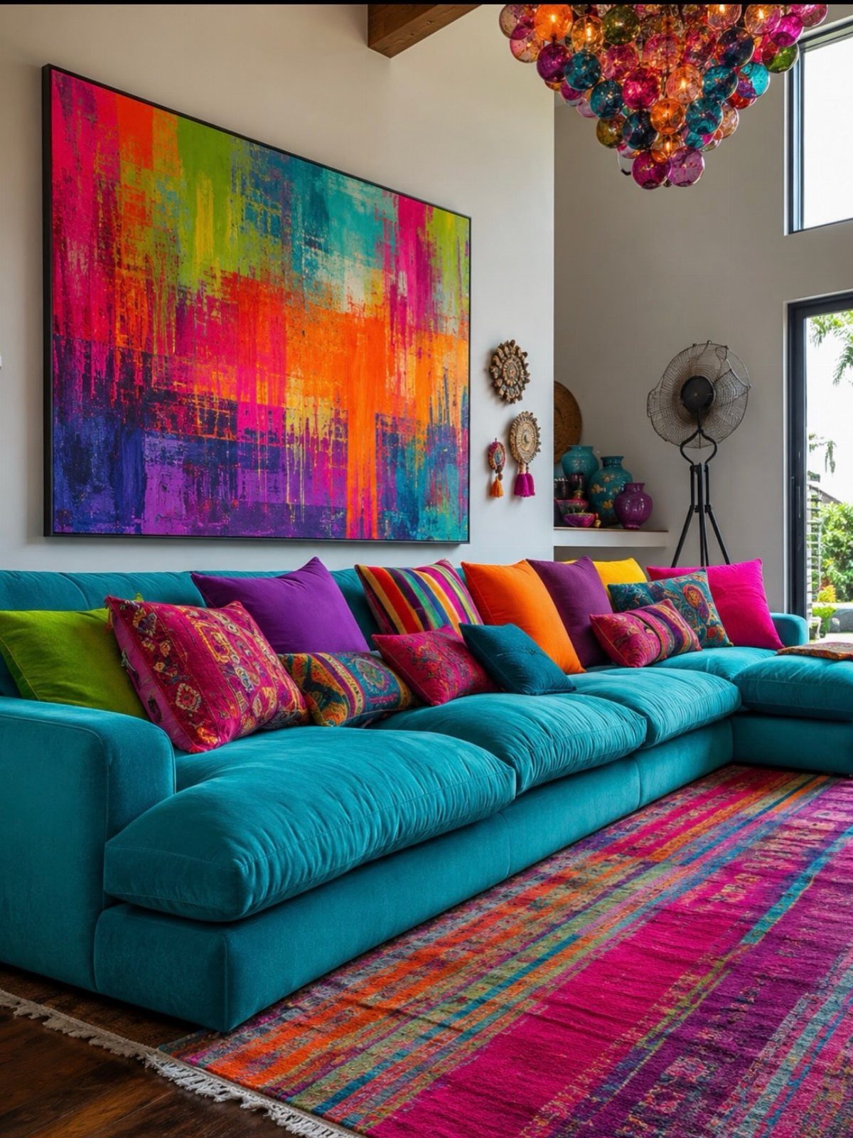 Turquoise sectional sofa with colorful pillows under a vibrant abstract painting and chandelier.