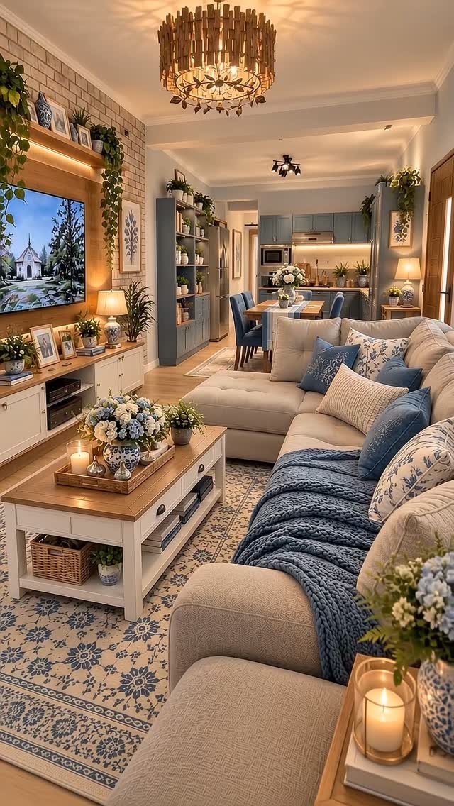 Beige sectional sofa with blue accents and a patterned rug in a cozy living room.