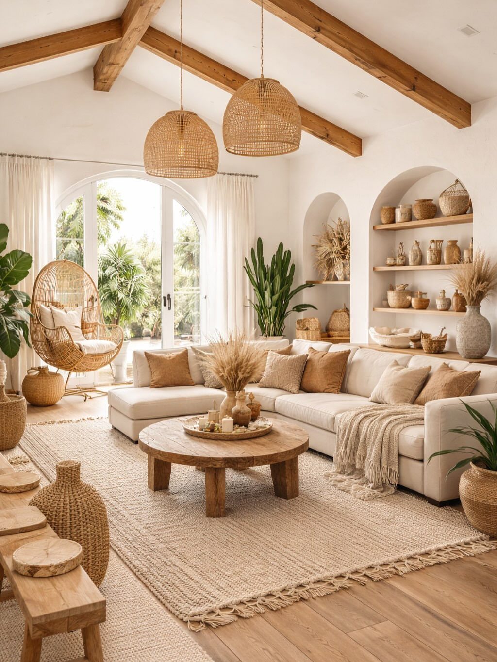 Boho living room with exposed wooden beams, a round wood table, and neutral furniture.