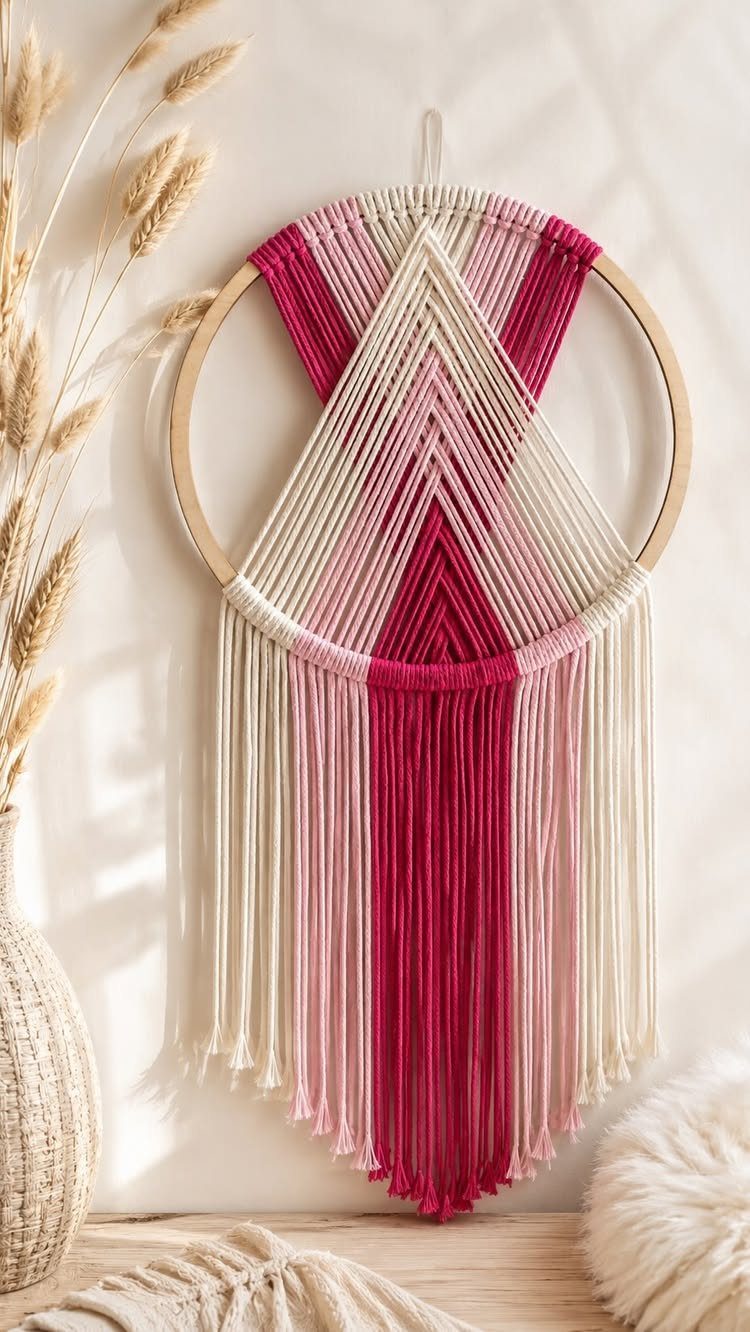 Macramé wall hanging in pink and cream tones suspended from a wooden hoop.