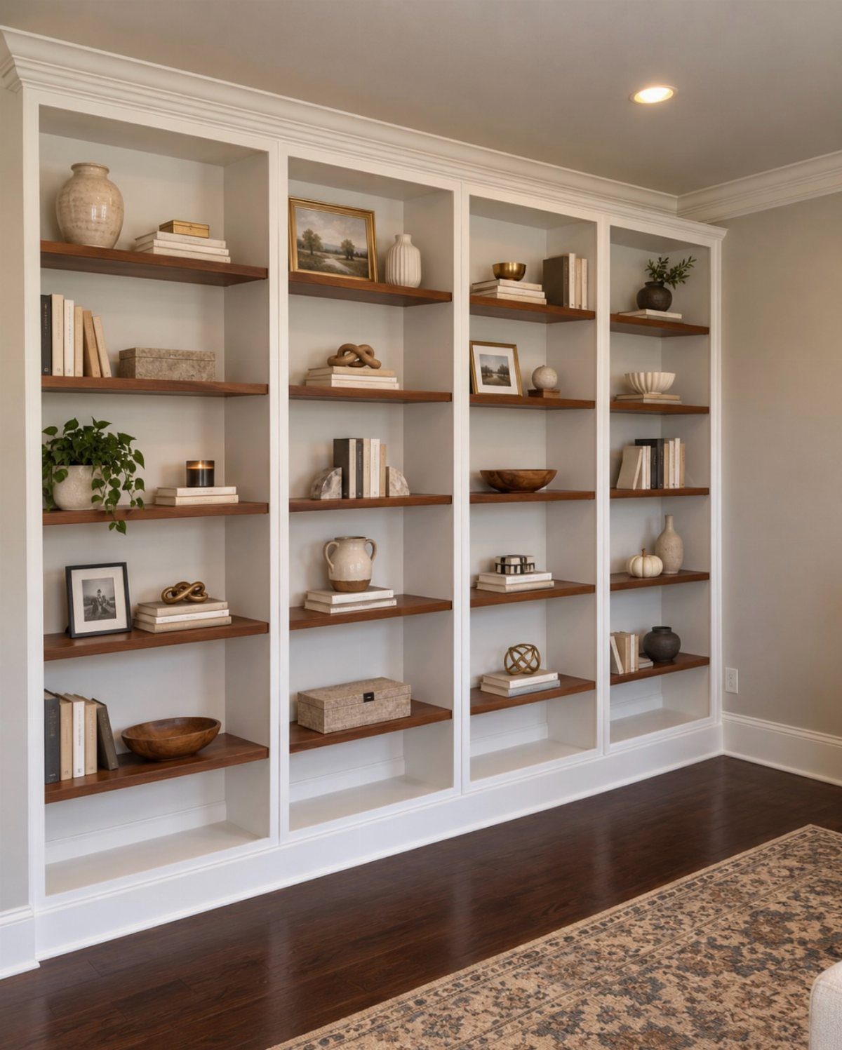 White built-in bookshelves with crown molding and dark wood shelves in a living room