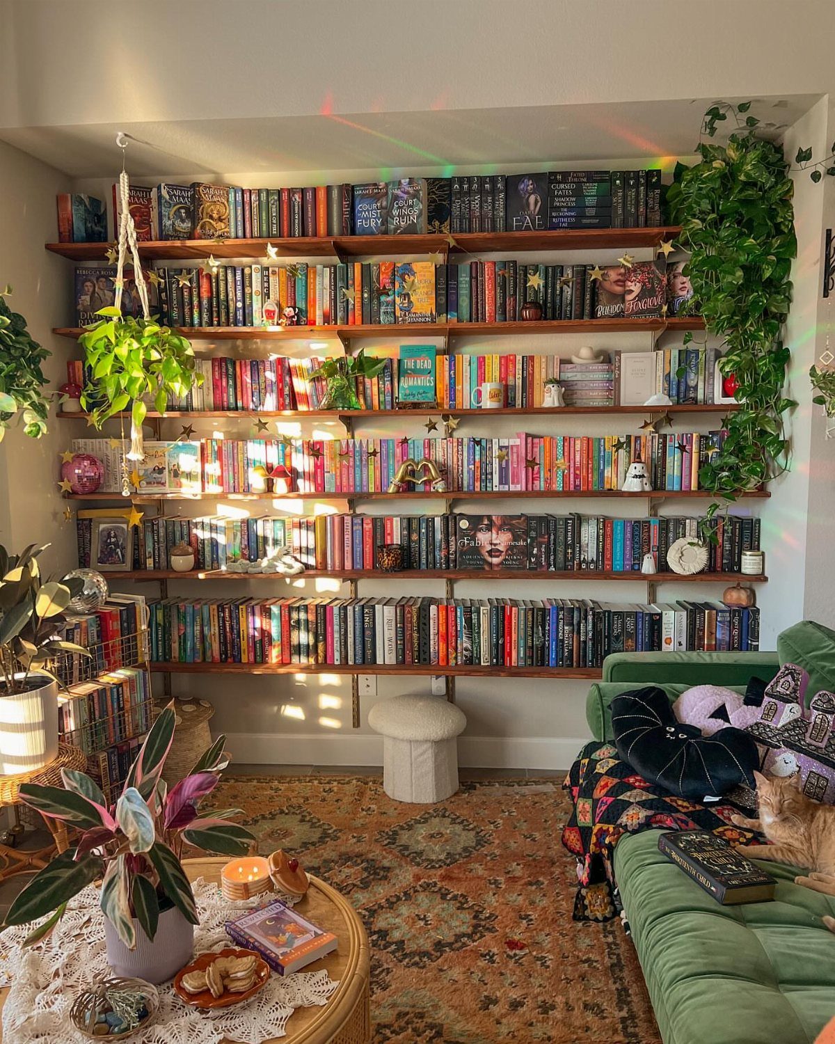 Wall-to-wall wooden bookshelves filled with colorful books in a cozy living room setting.