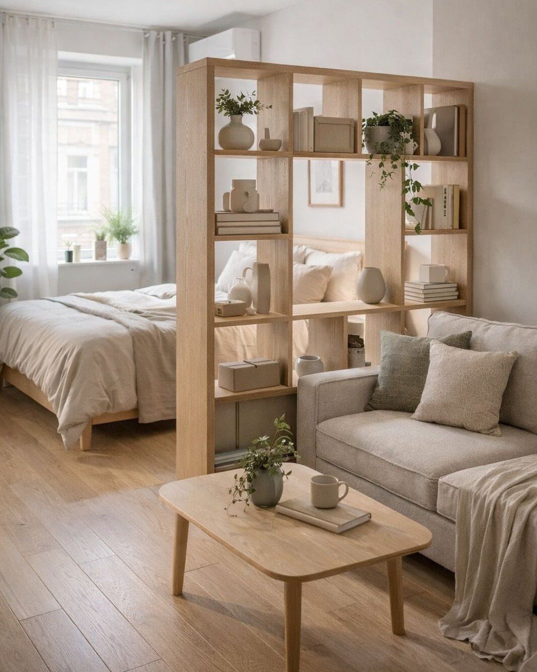 Light wood open-shelf bookcase dividing a living room from a bedroom area.