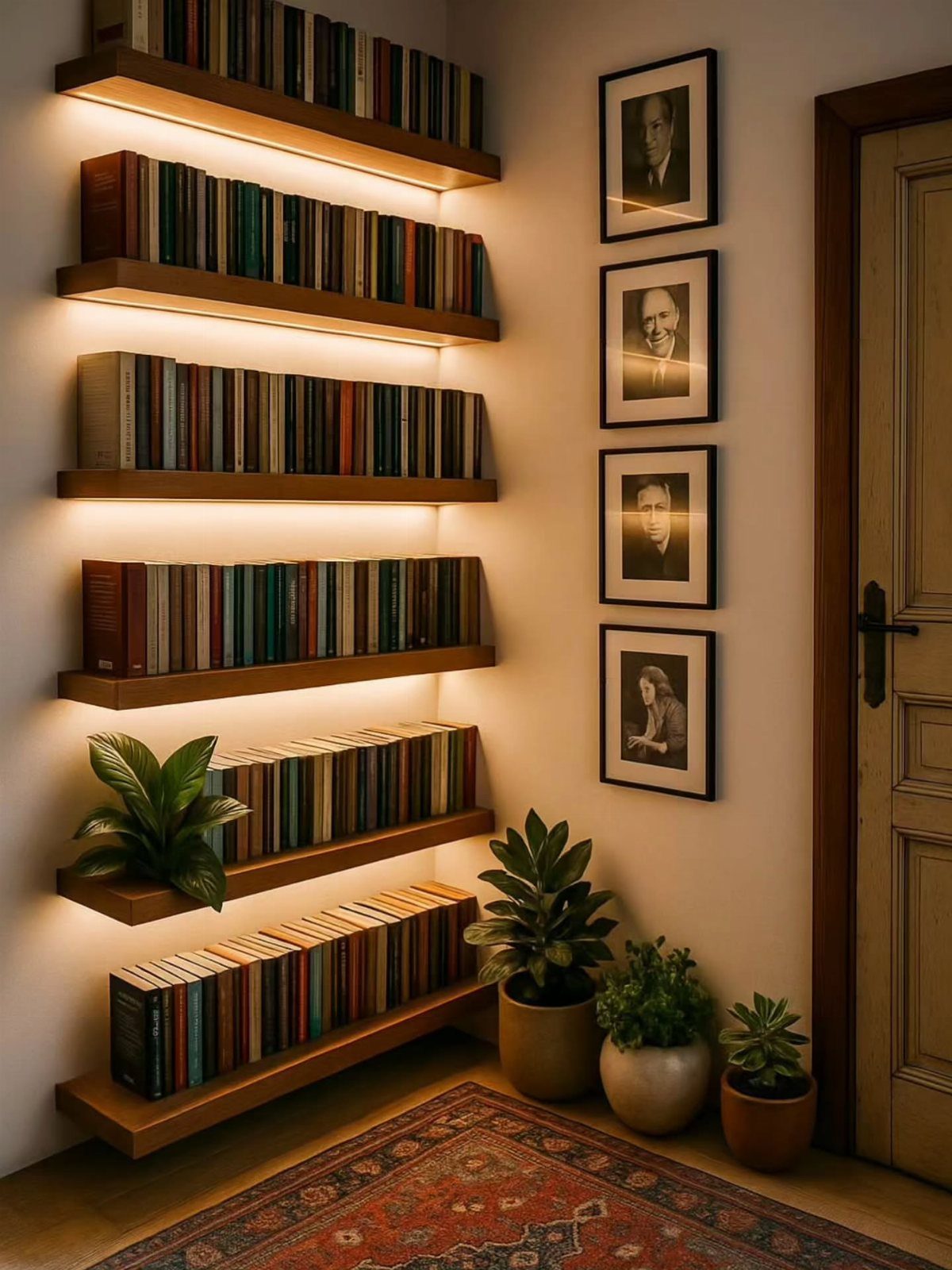 Floating wooden bookshelves with under-shelf lighting, books, framed portraits, and potted plants.