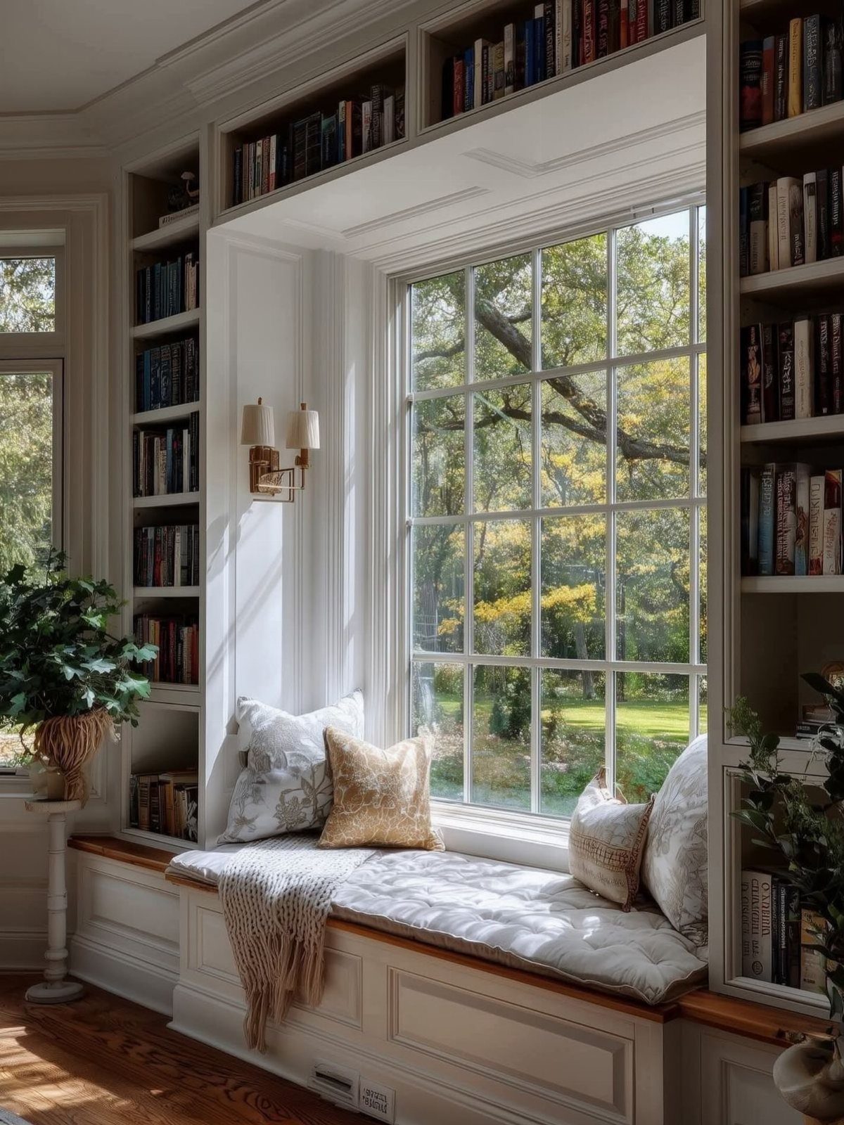 White built-in bookshelves framing a large window with a cozy cushioned window seat.