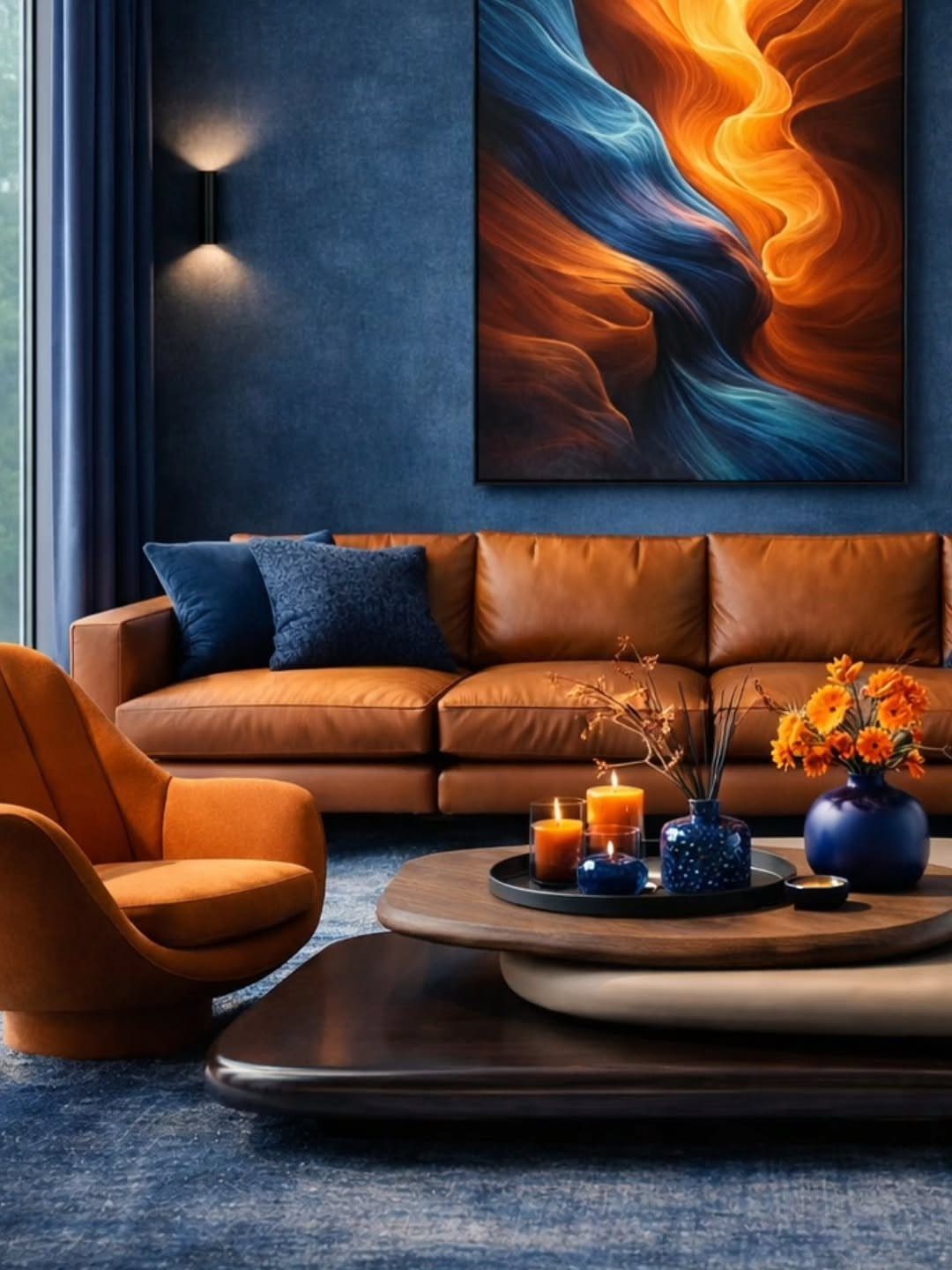 Brown leather sofa against a deep blue wall with an orange accent chair.