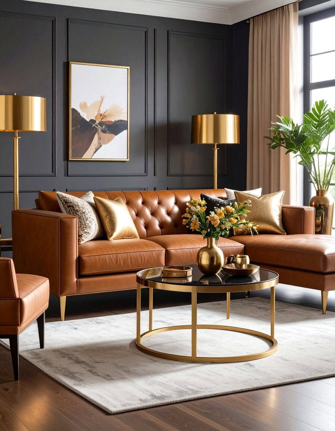 Brown leather sectional sofa with gold lamps and a gold coffee table frame.