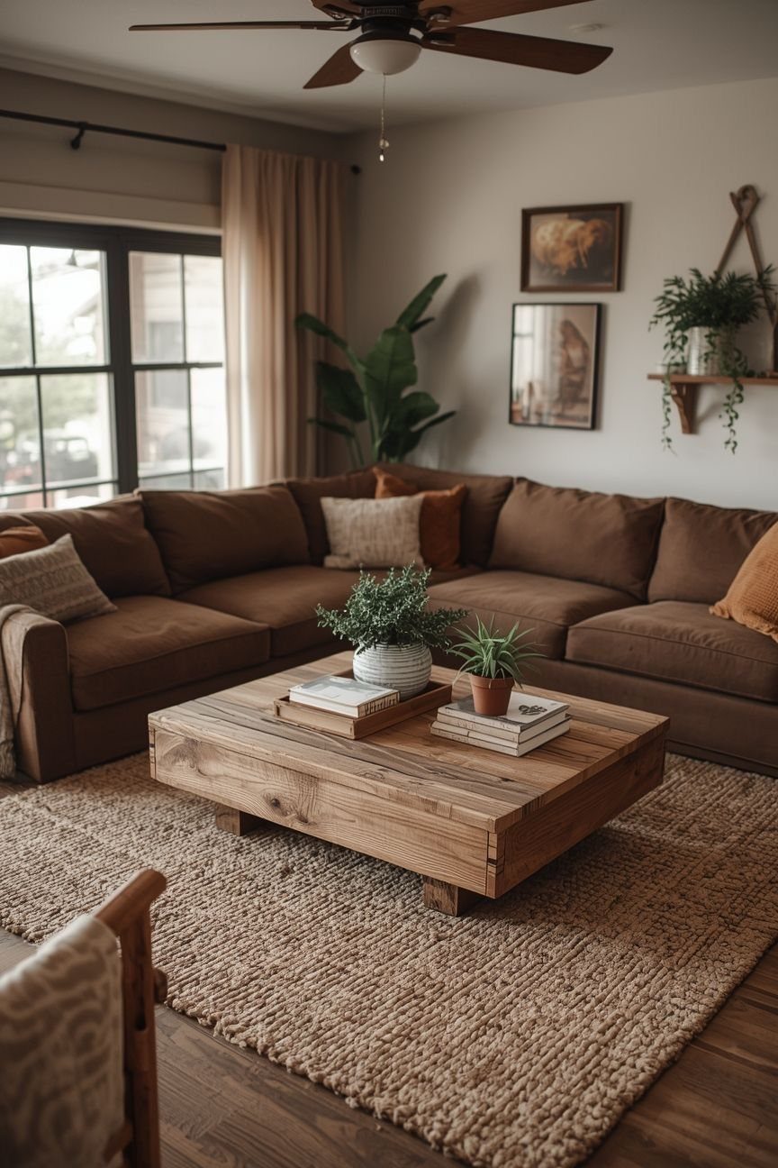 Brown sectional sofa with a wooden coffee table and jute rug in minimalist room
