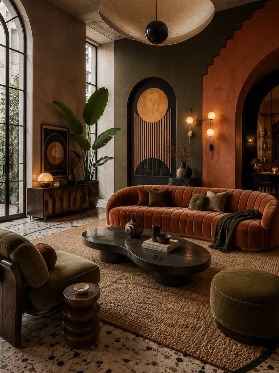 Rust-brown velvet sofa with olive green accents in a modern, moody living room.