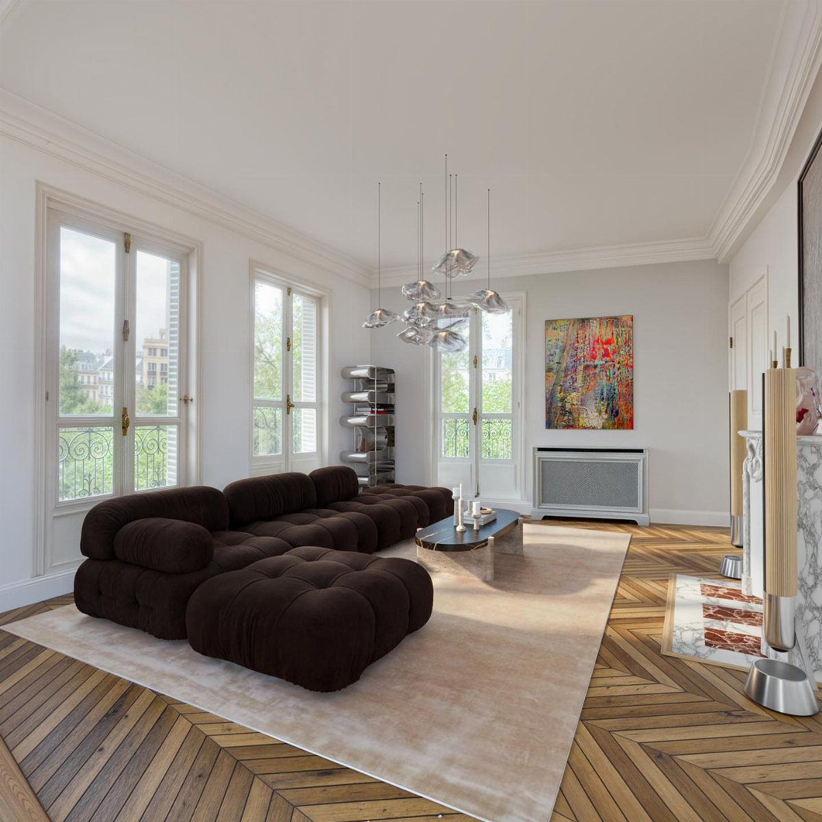 Dark brown modular sectional sofa in a bright living room with white walls.