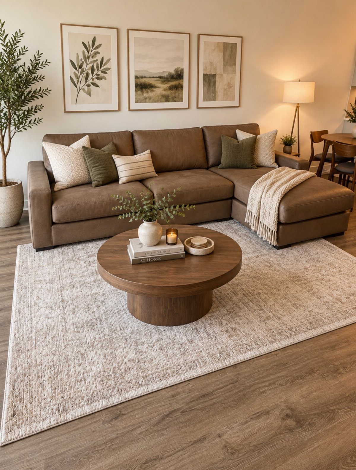 Brown sectional sofa in a rustic modern living room with wooden coffee table.