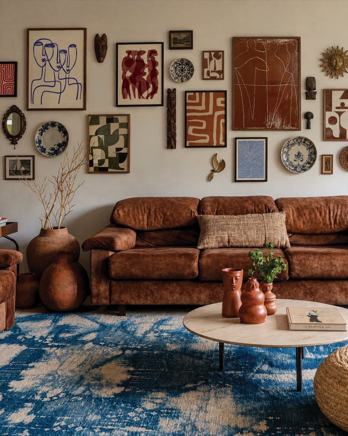 Brown leather couch in front of a gallery wall with eclectic art and ceramics.