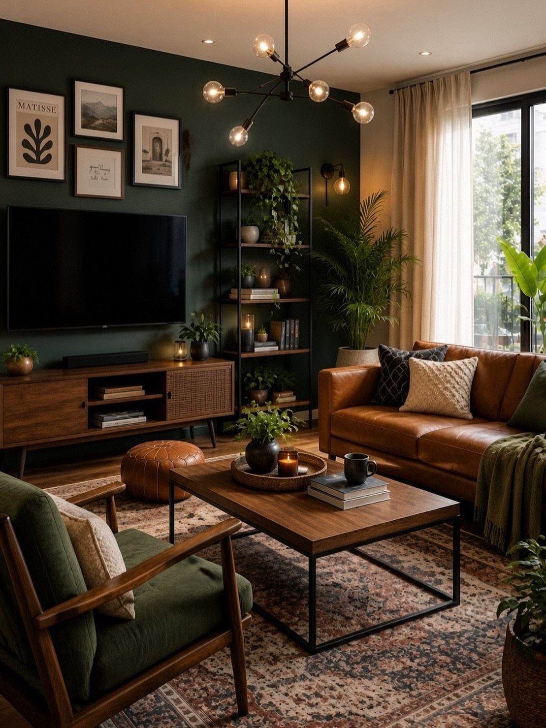 Brown leather sofa in a living room with dark green walls and plants.