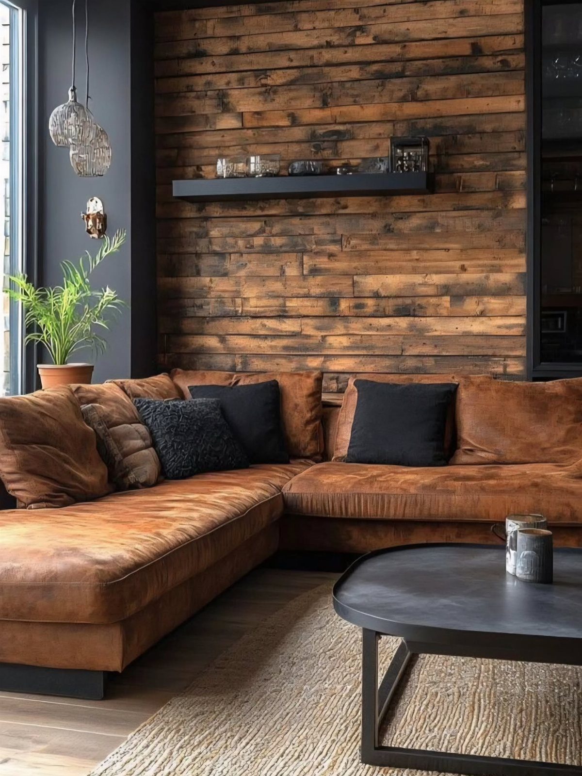 Brown leather sectional sofa with black cushions and a green potted plant nearby.