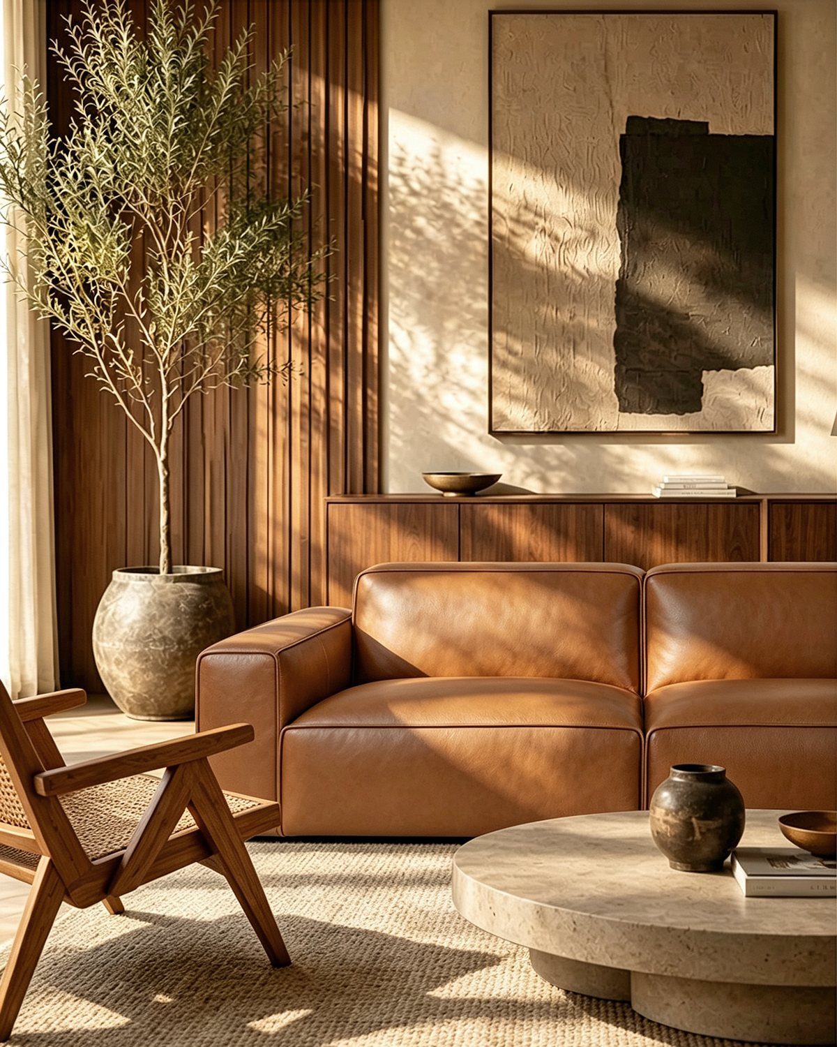Brown leather sofa and vintage wooden armchair in a sunlit modern living room