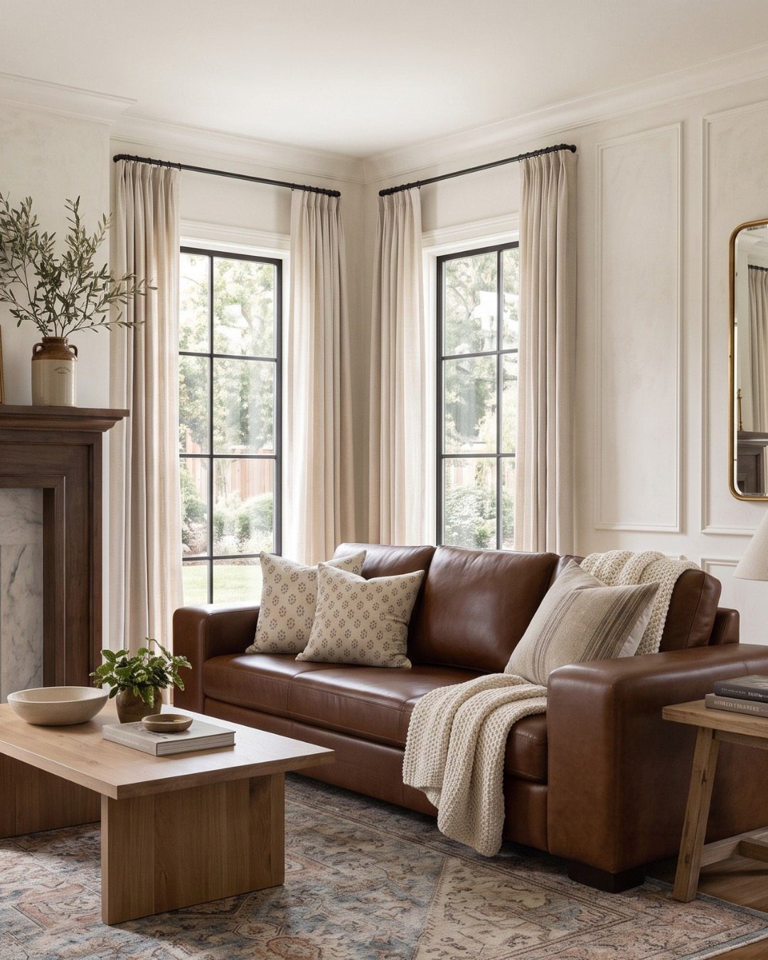 Brown leather couch with beige patterned cushions and a cream throw blanket.