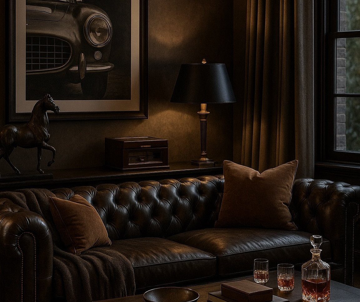 Tufted brown leather sofa in a dark room with a lamp and artwork.